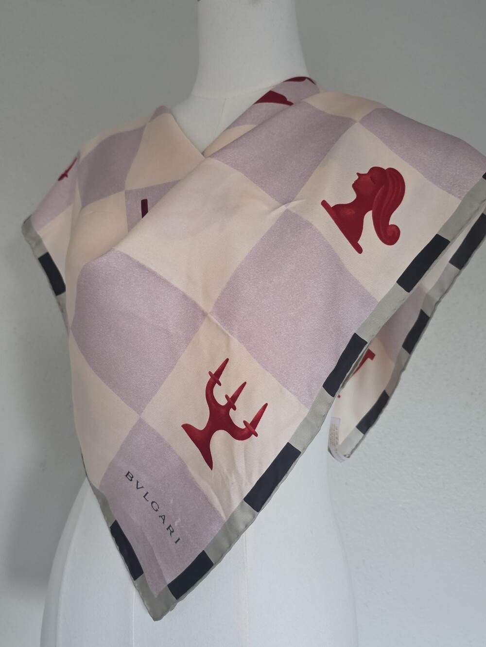 Bvlgari Davide Pizzigoni Silk Scarf Chess Amphora Italy 33.5 Large